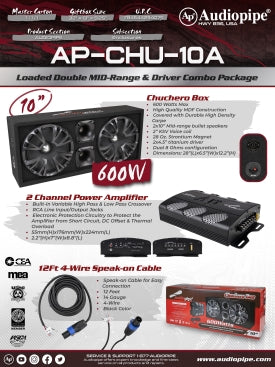 10" Audiopipe Package of Loaded Double Midrange Chuchero Box, Amplifier, and Speak-On Cable